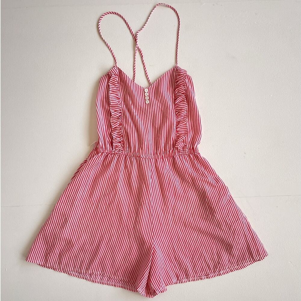 Vtg 70s 80s Red + White Striped Ruffled Shorts Romper / HANA / Sz S/M / Retro